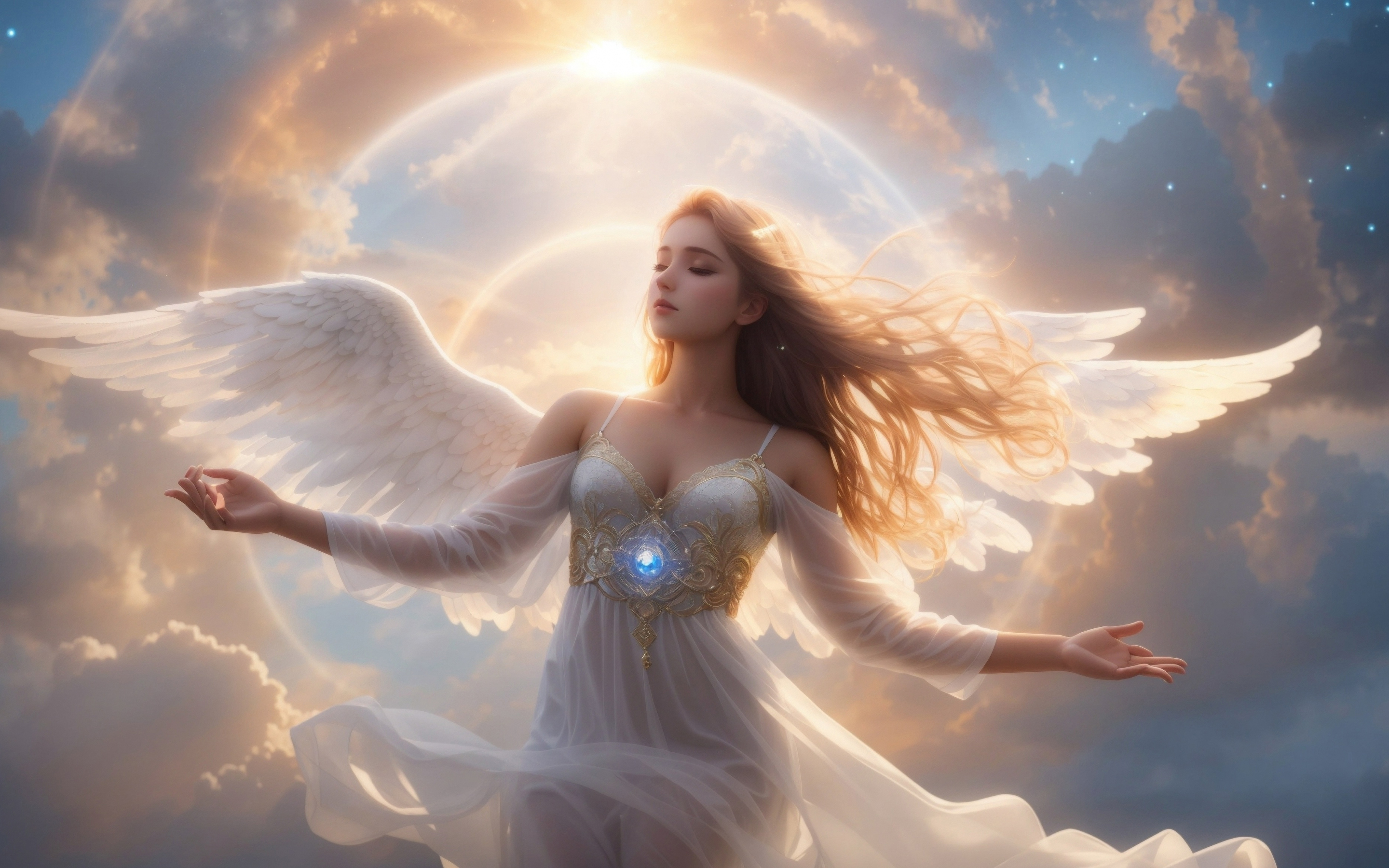 Embrace the world, angel girl, fantasy, 2880x1800 wallpaper