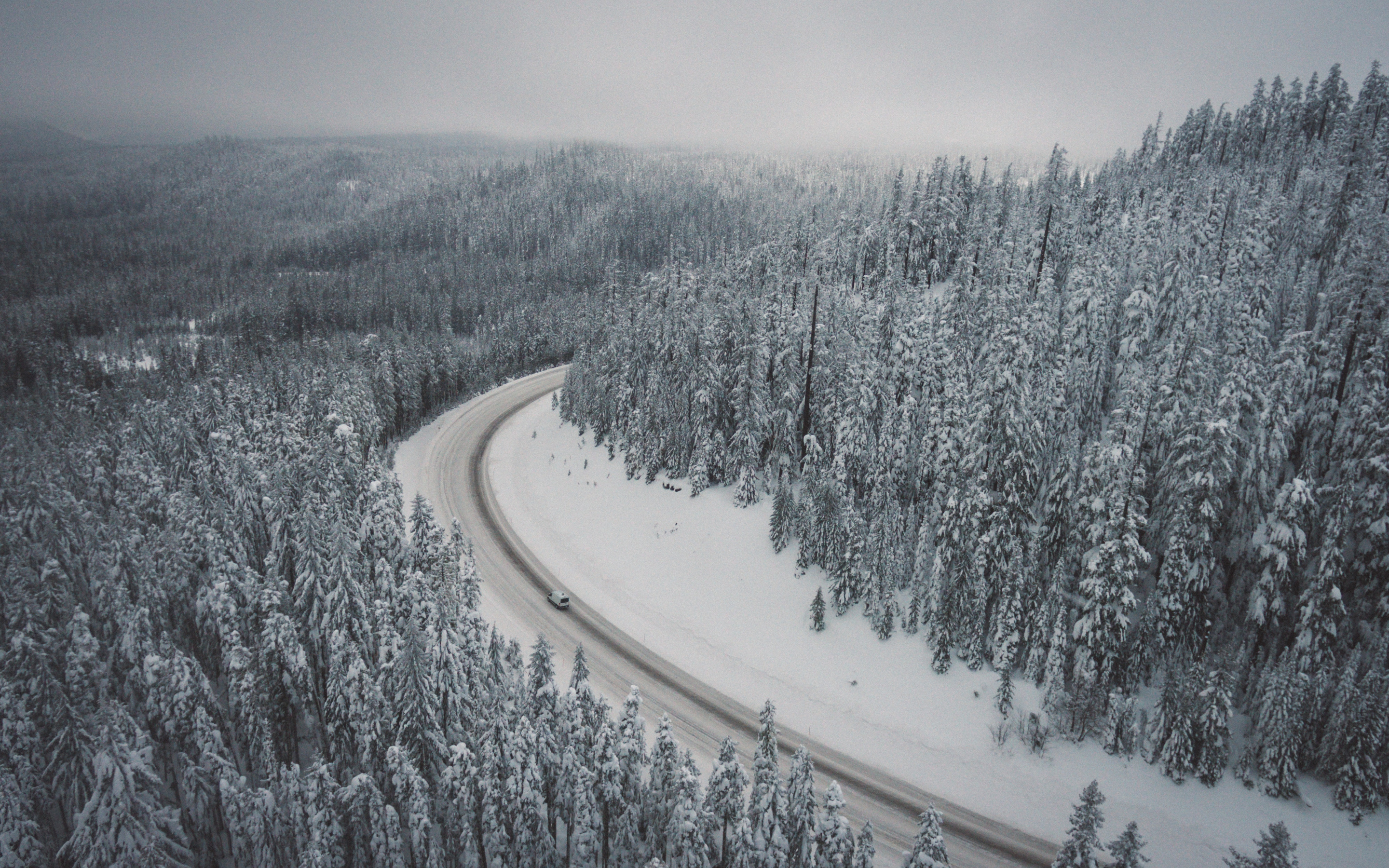 Winter, snowfrost, trees, forest, nature, road, aerial view, 2880x1800 wallpaper