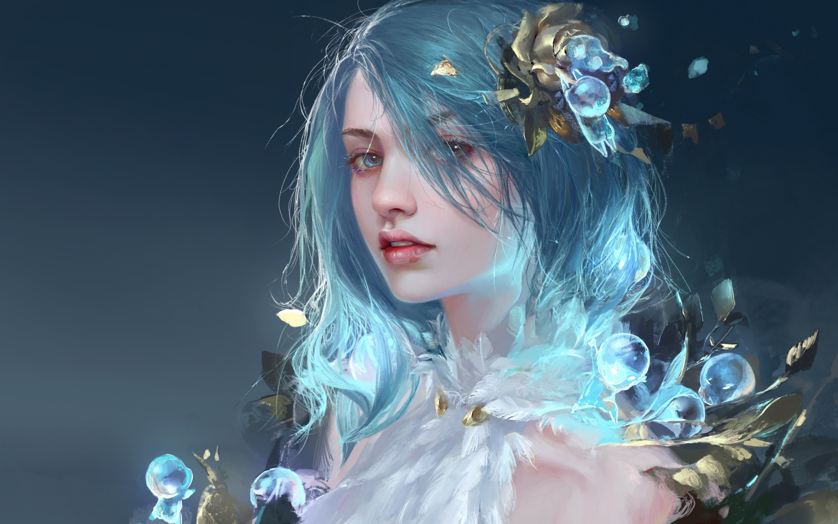 Pretty woman with blue hair, fantasy, 2880x1800 wallpaper