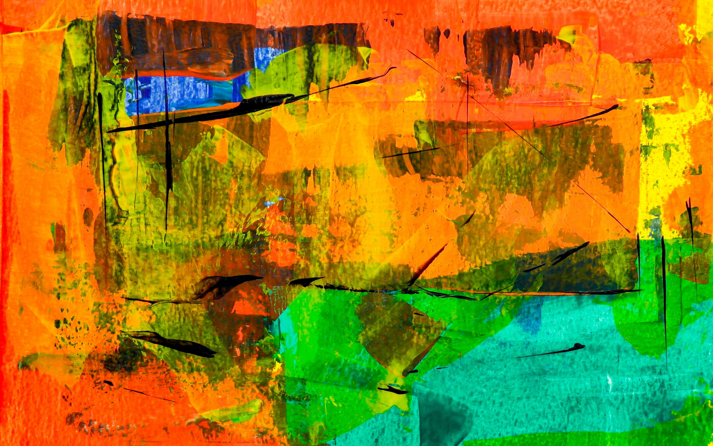 Abstract, colorful, orange-green theme, painting, 2880x1800 wallpaper