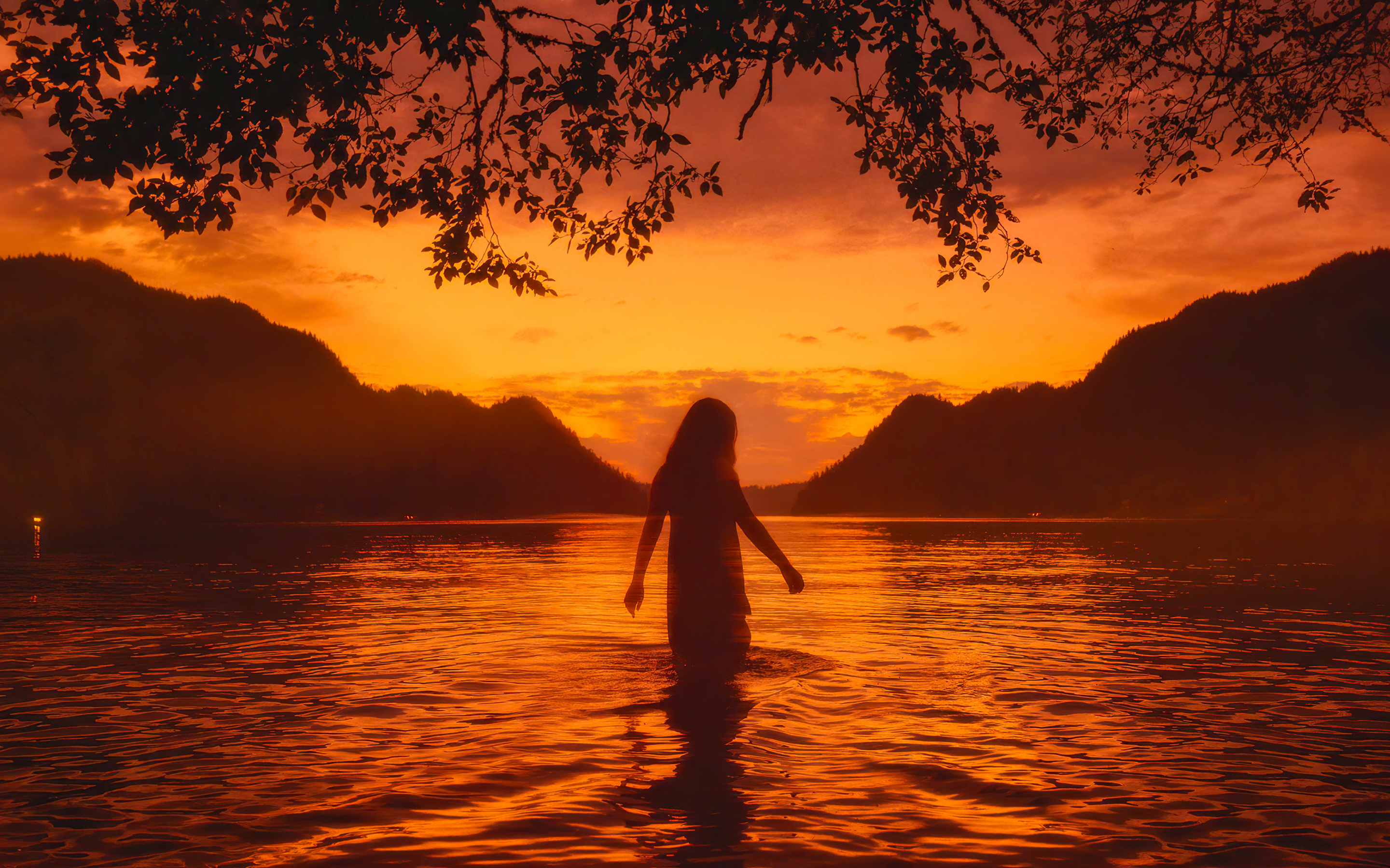 Lake, sunset, outdoor, silhouette, girl, 2880x1800 wallpaper