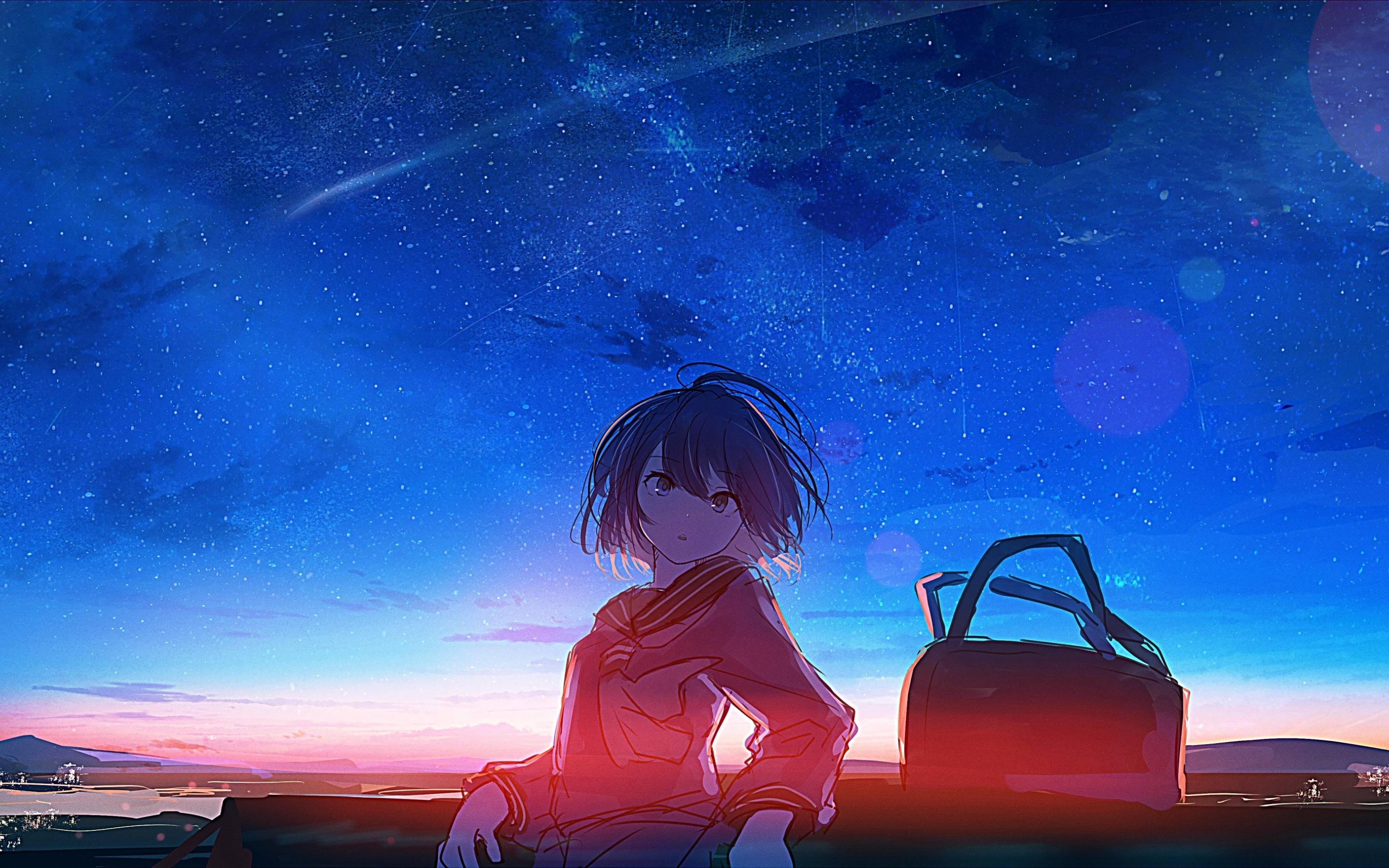 Schoolgirl, anime, sunset, outdoor, 2880x1800 wallpaper
