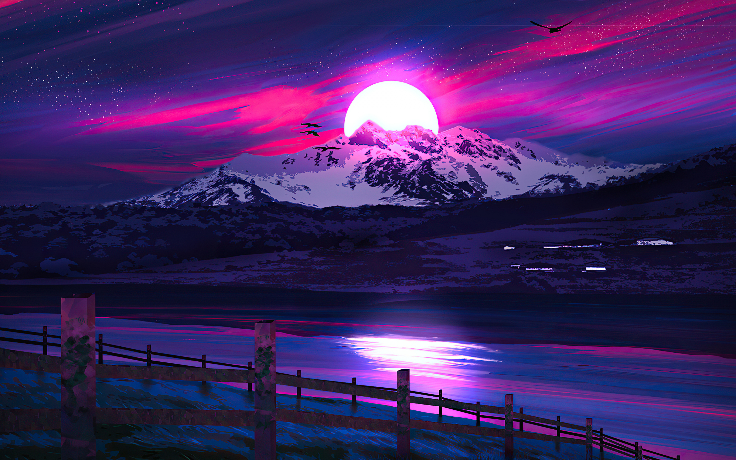 lake, woonden fence, mountains, landscape, sunset, neon art, 2880x1800 wallpaper