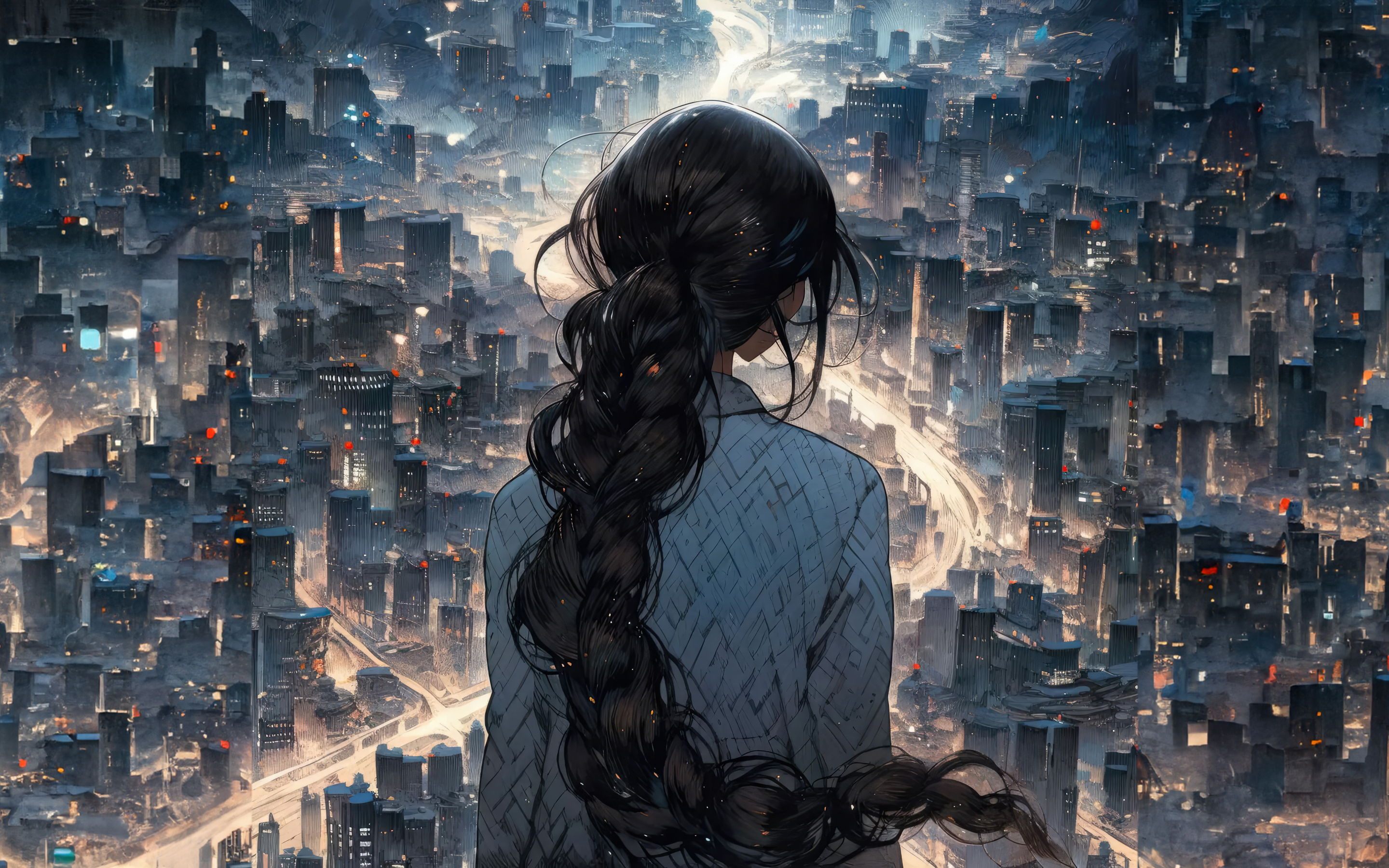 Watching the city at night, cityscape, long hair girl, 2880x1800 wallpaper