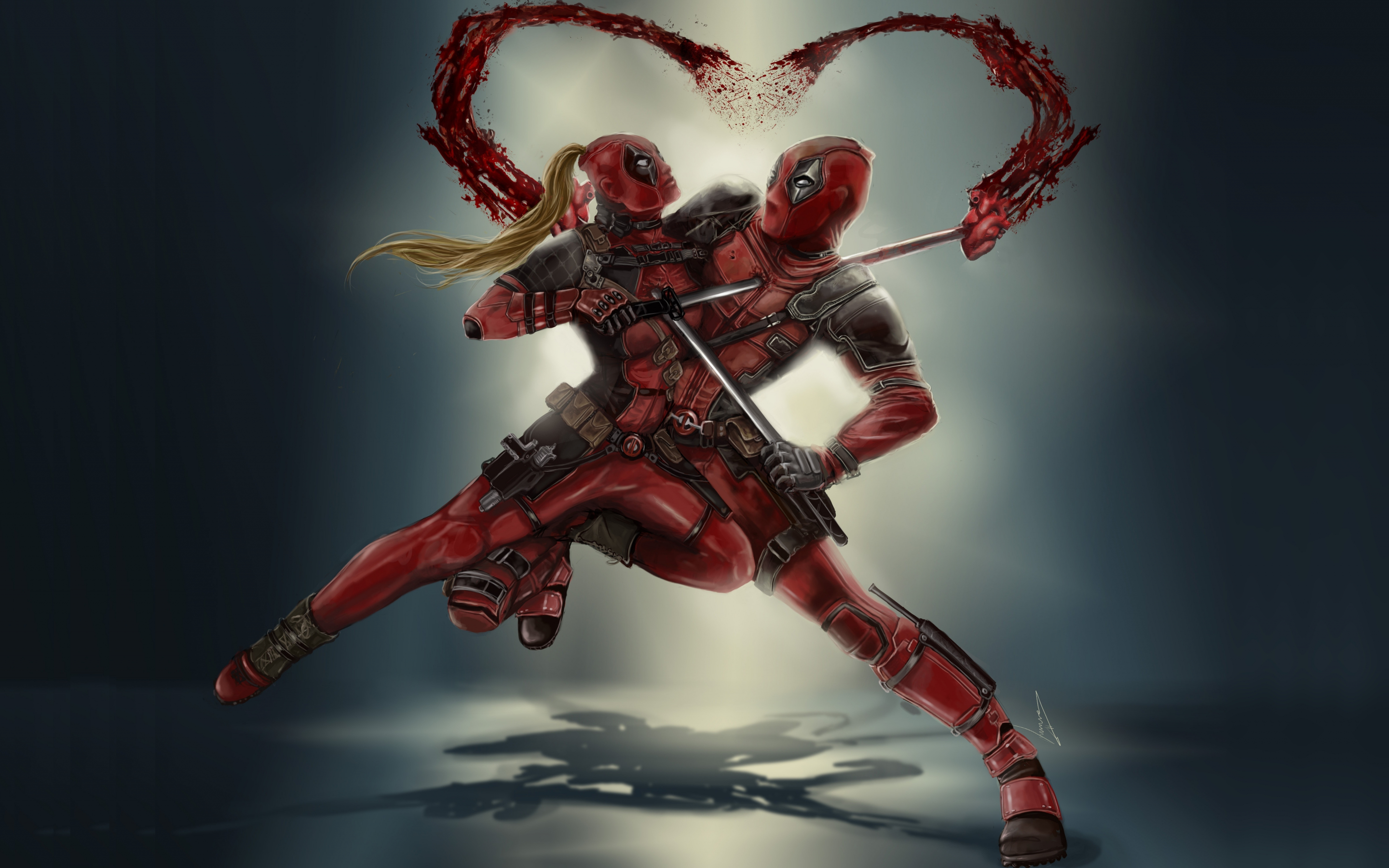 Deadpool vs lady deadpool, superhero, couple, fight, art, 2880x1800 wallpaper