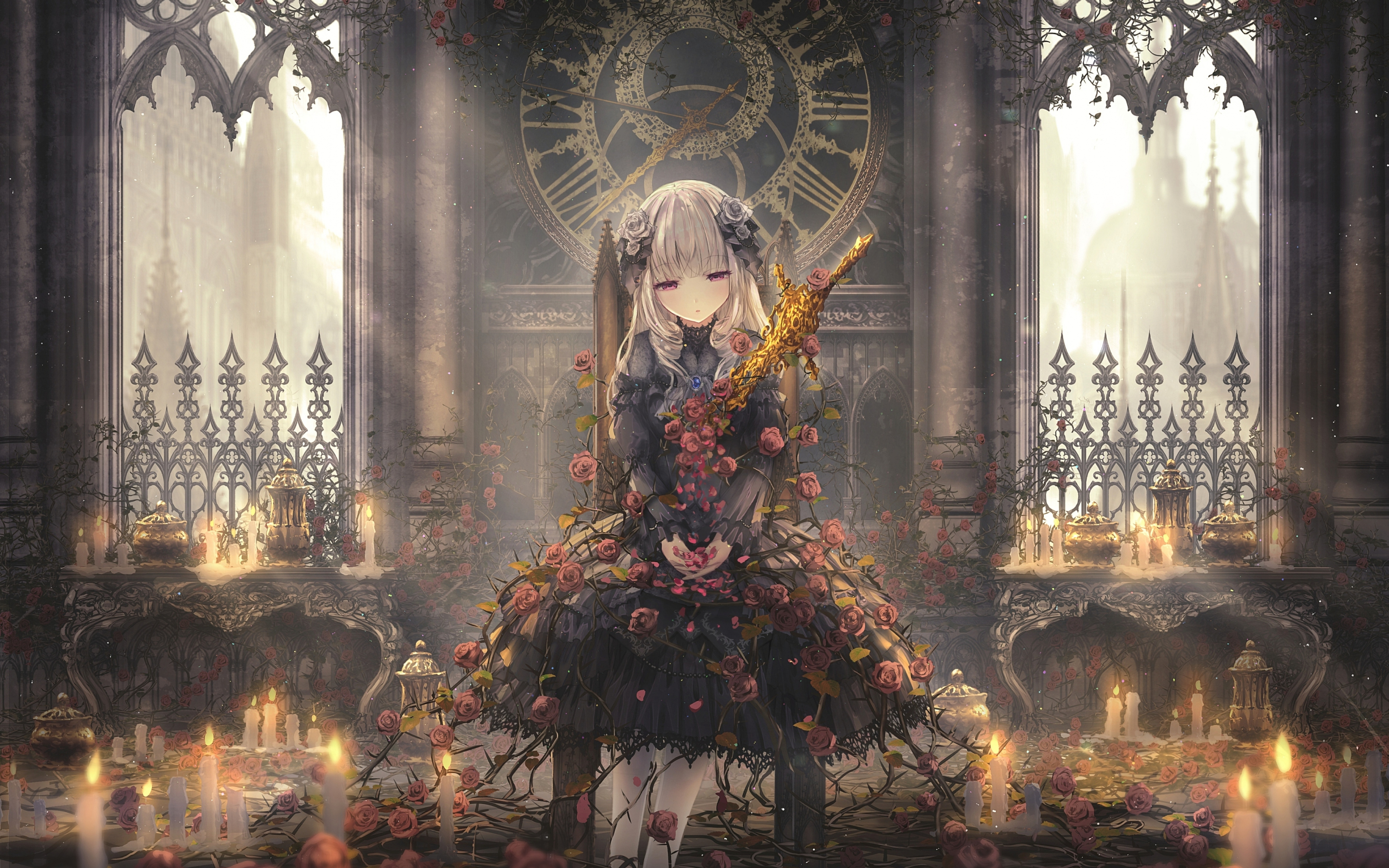 Girl and rose flowers, anime, original, 2880x1800 wallpaper