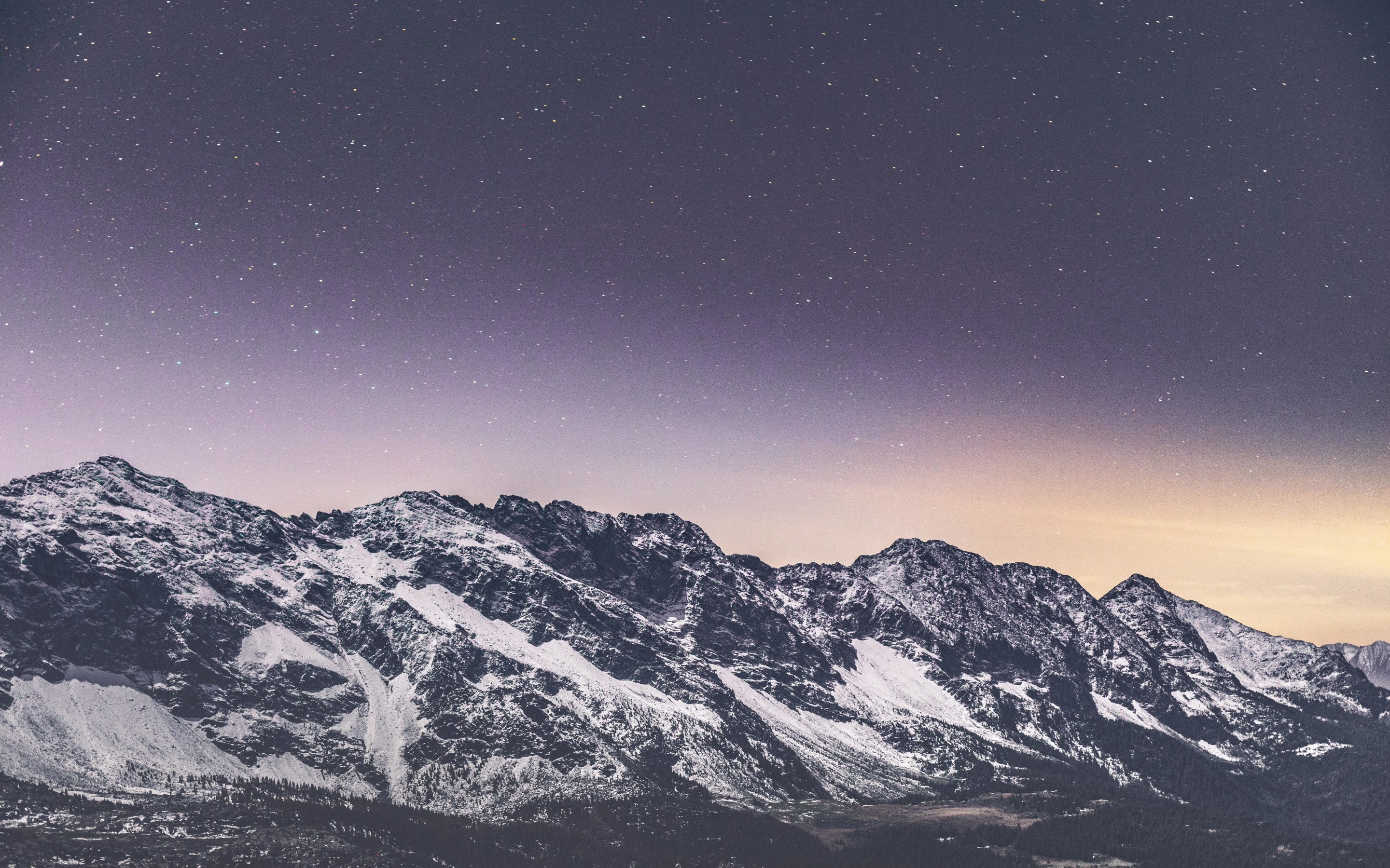 Snow covered mountains, stars, nature, starry sky, 2880x1800 wallpaper