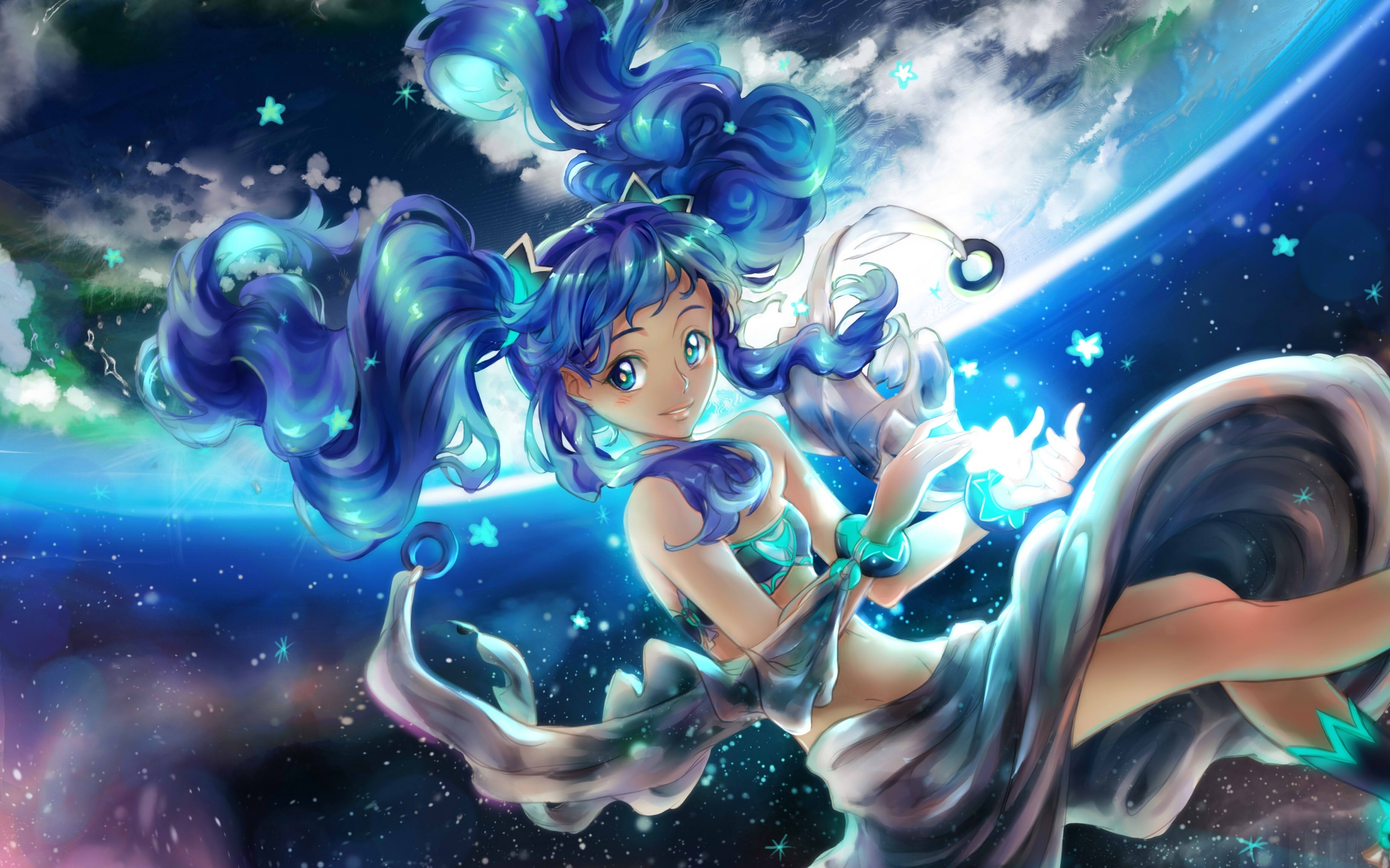 Moon light, blue hair, anime girl, dive, artwork, 2880x1800 wallpaper