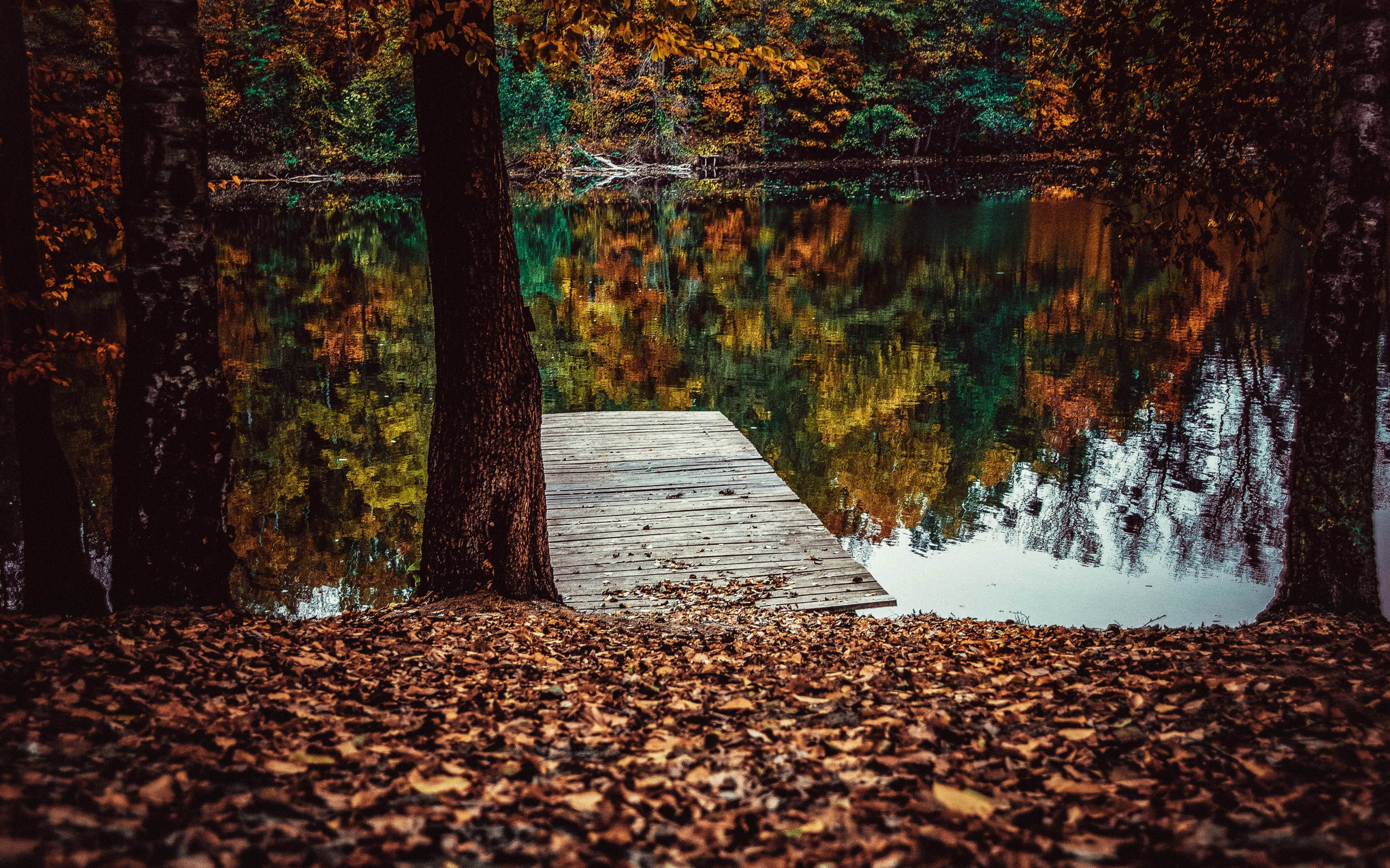 Pier, lake, fall, leaves, autumn, lake, reflections, 2880x1800 wallpaper