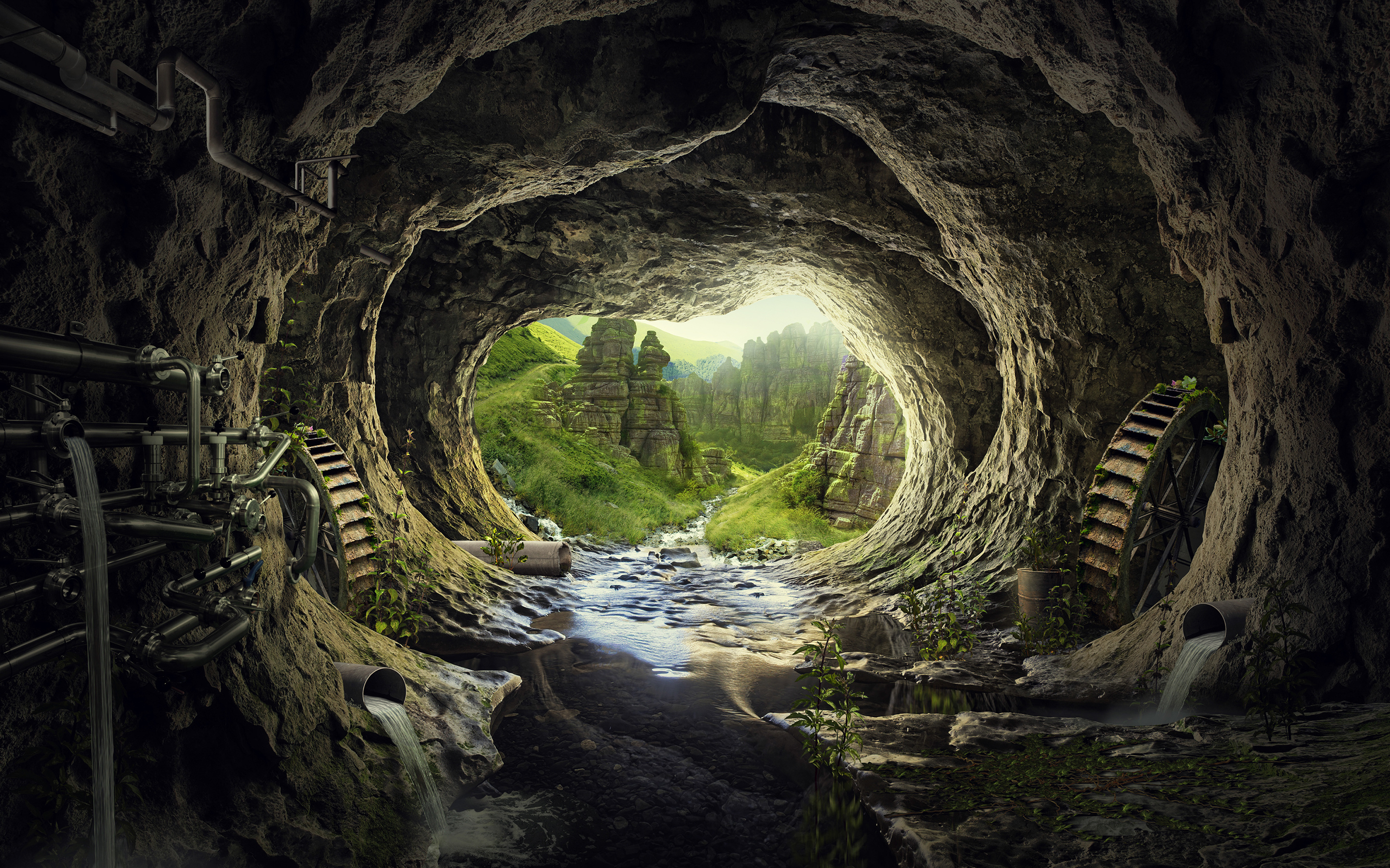 Heaven, tunnel, cave, river, water current, 2880x1800 wallpaper