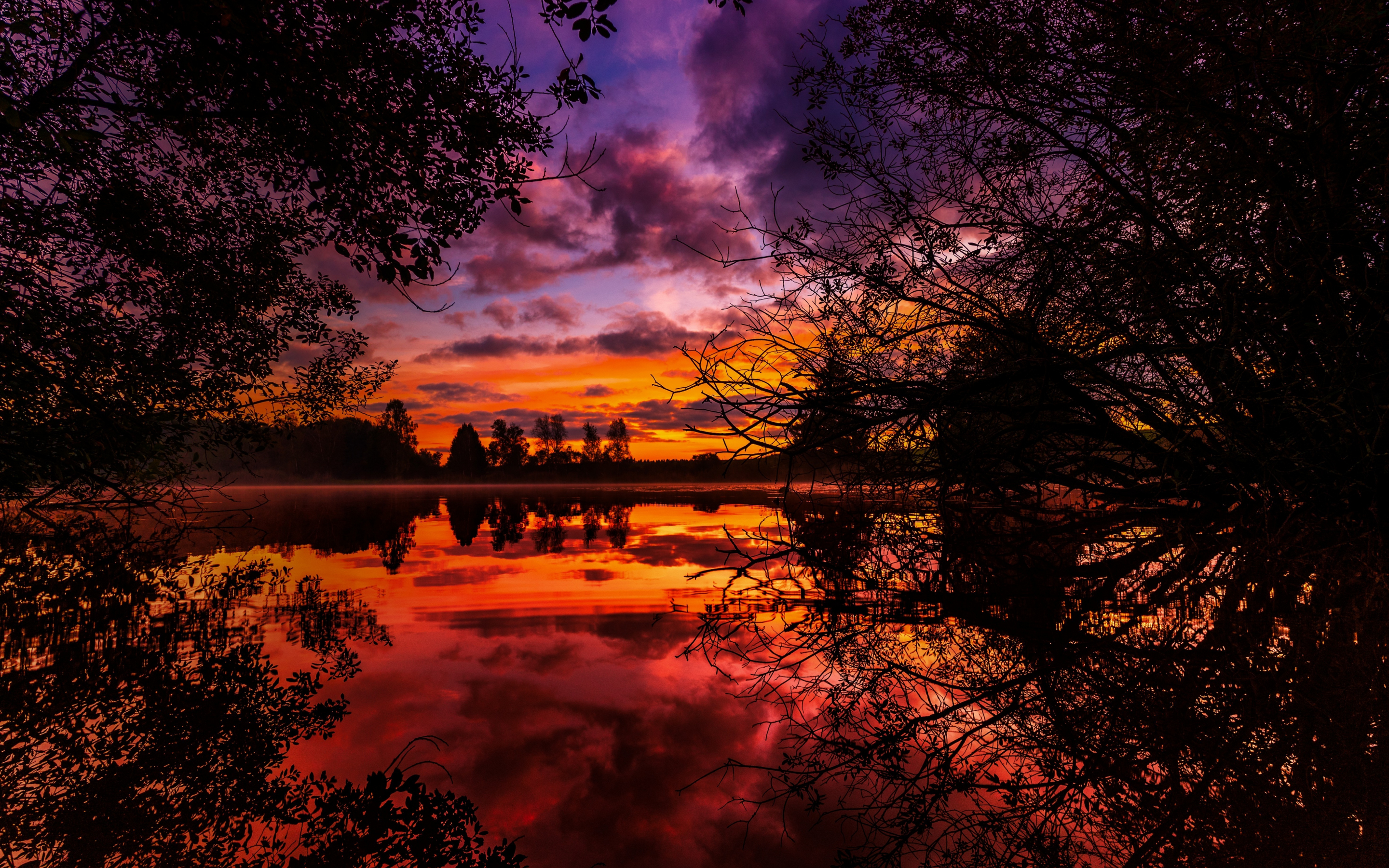 Sunrise, clouds, lake, trees, reflections, 2880x1800 wallpaper