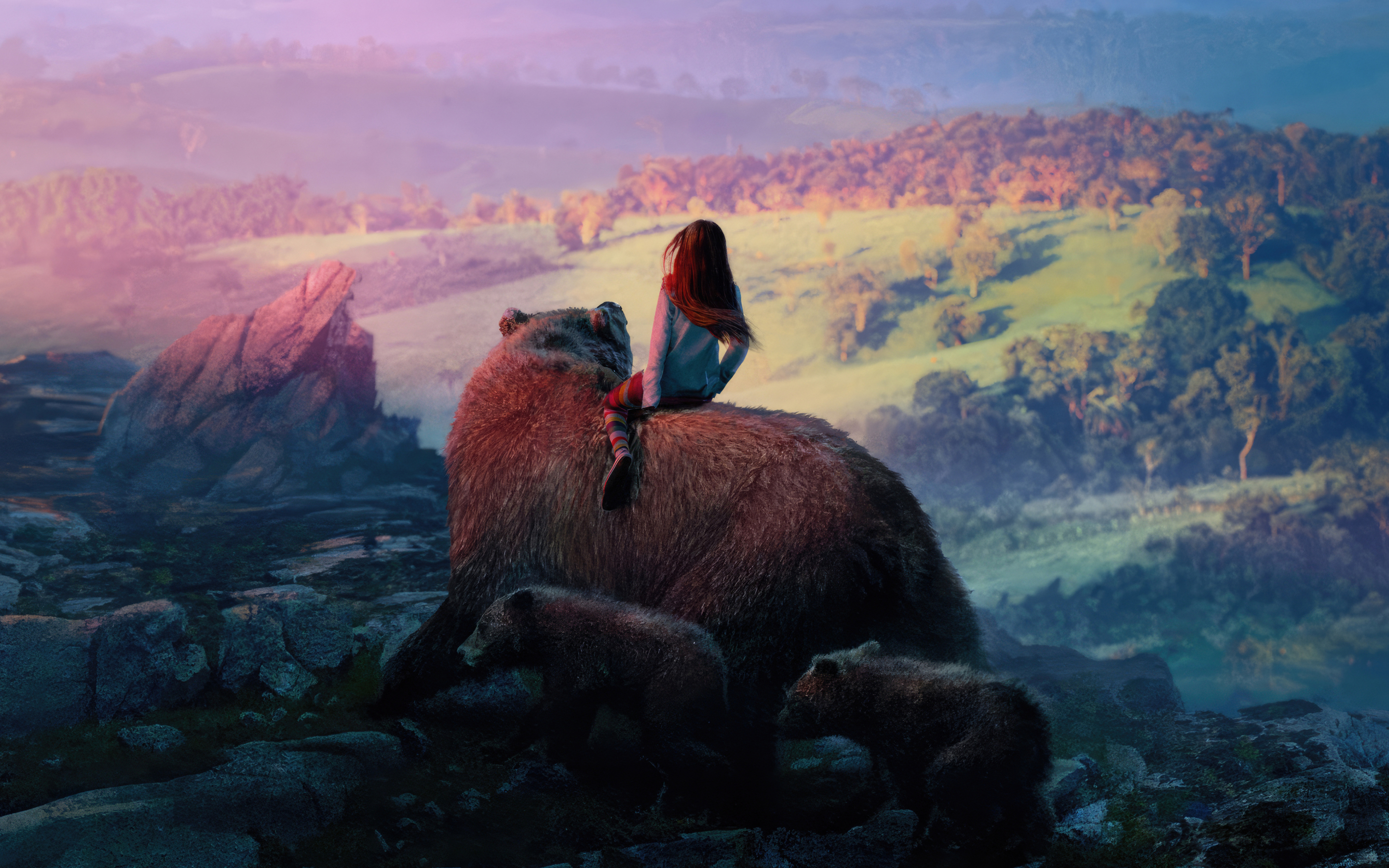 The bear ride, girl and beasts, fantasy art, 2880x1800 wallpaper
