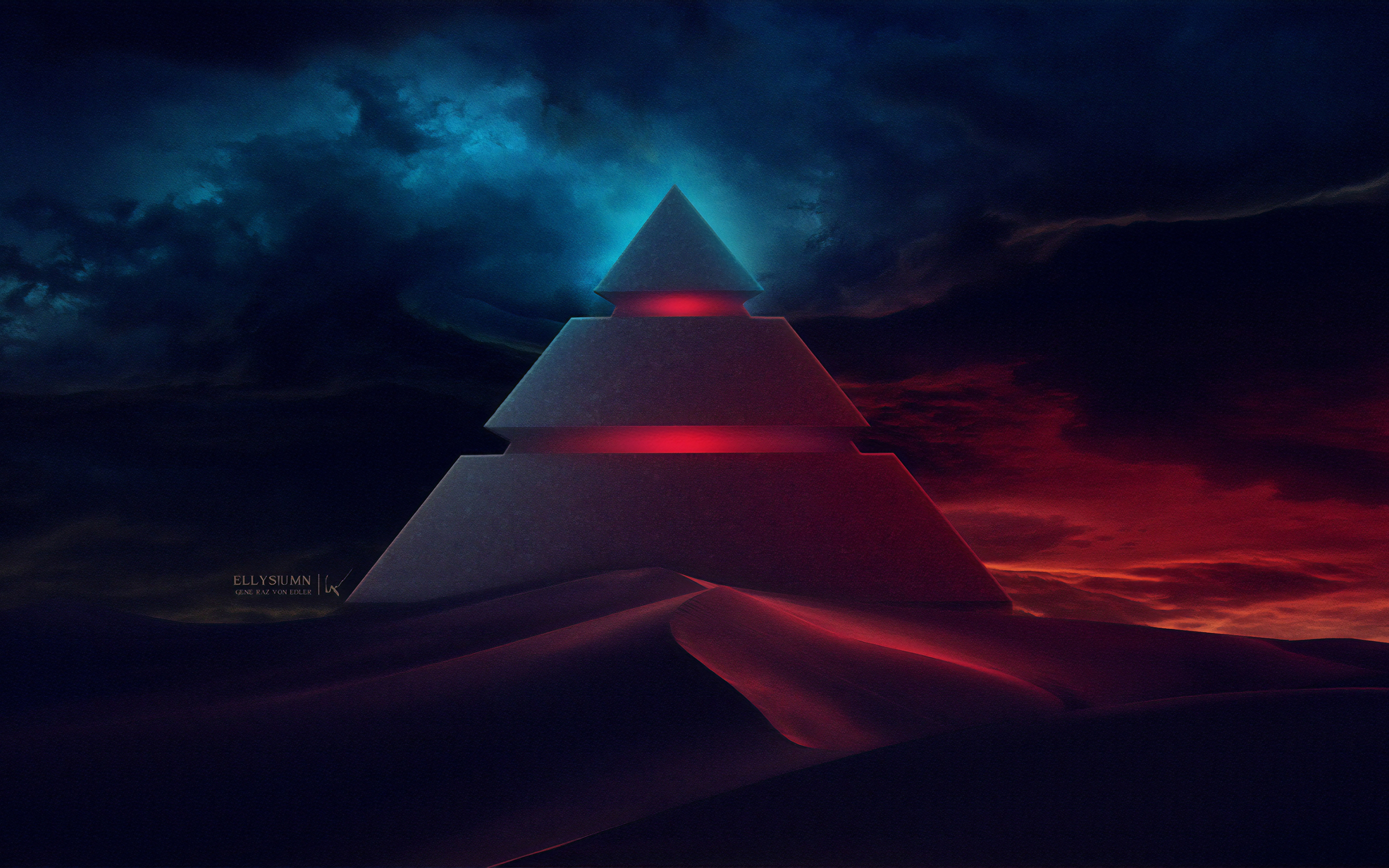 Desert, pyramid, fantasy, dark, art, 2880x1800 wallpaper