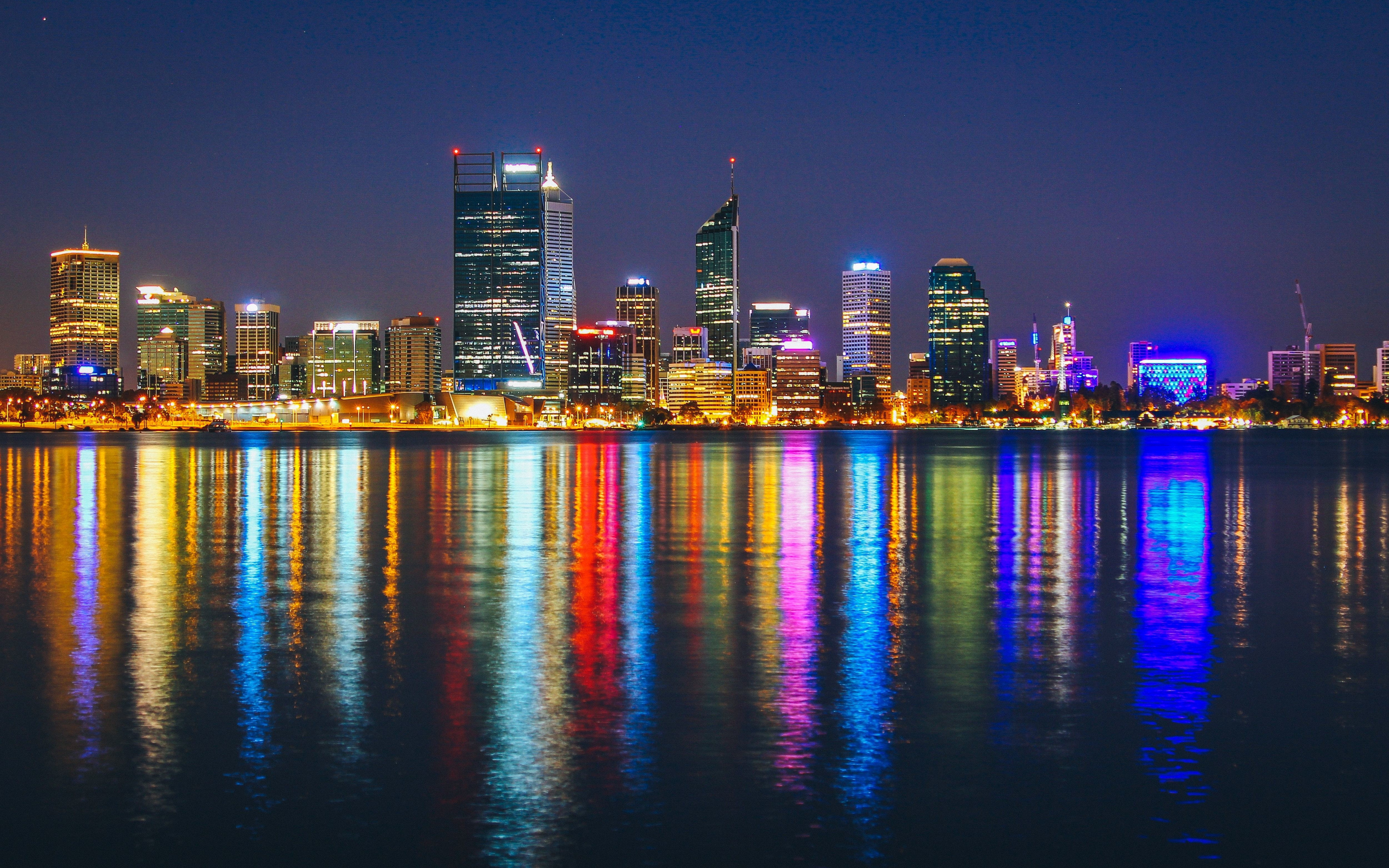 Cityscape, buildings, colorful, reflections, night, 2880x1800 wallpaper