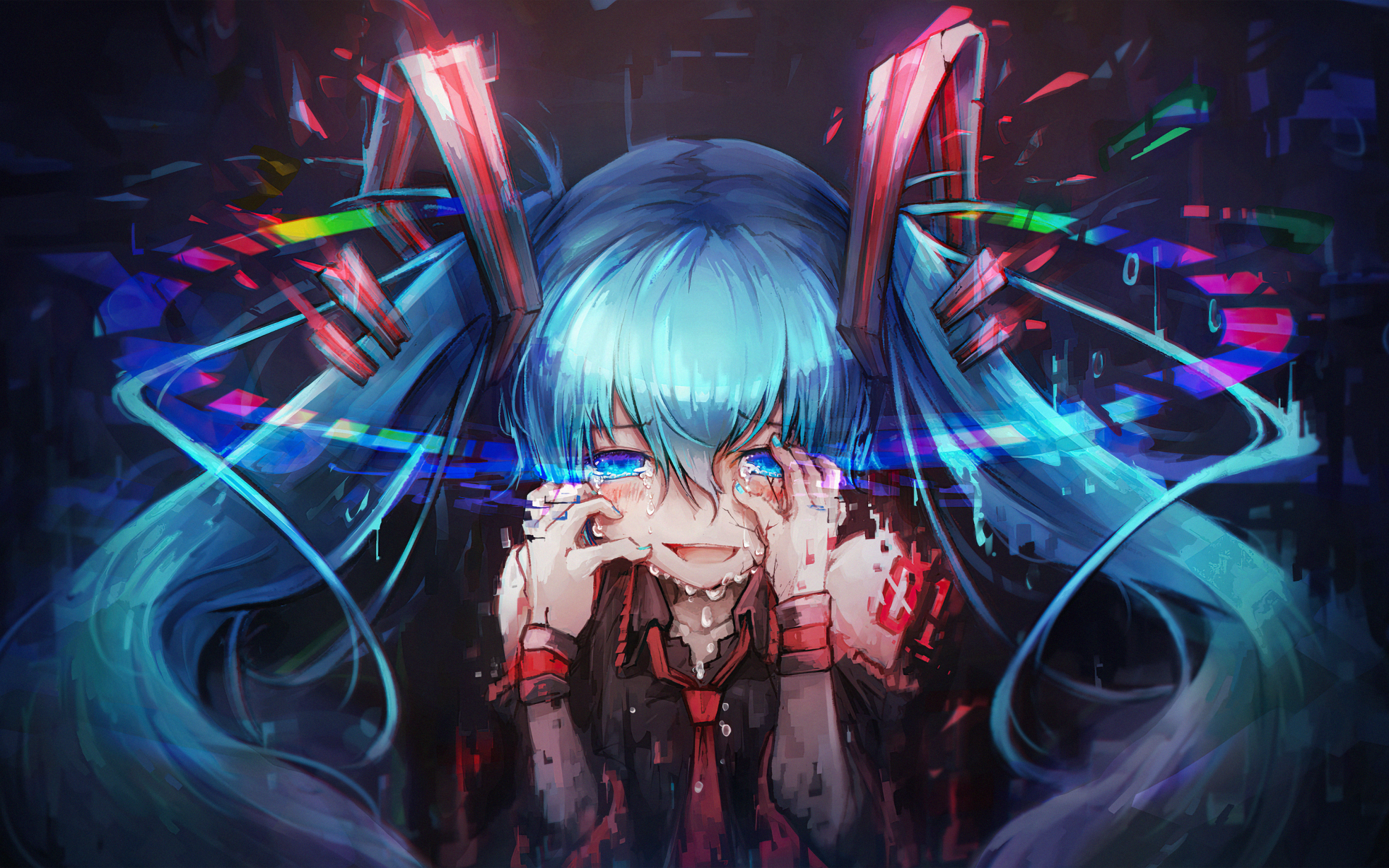 Hatsune Miku, Vocaloid, crying, 2880x1800 wallpaper
