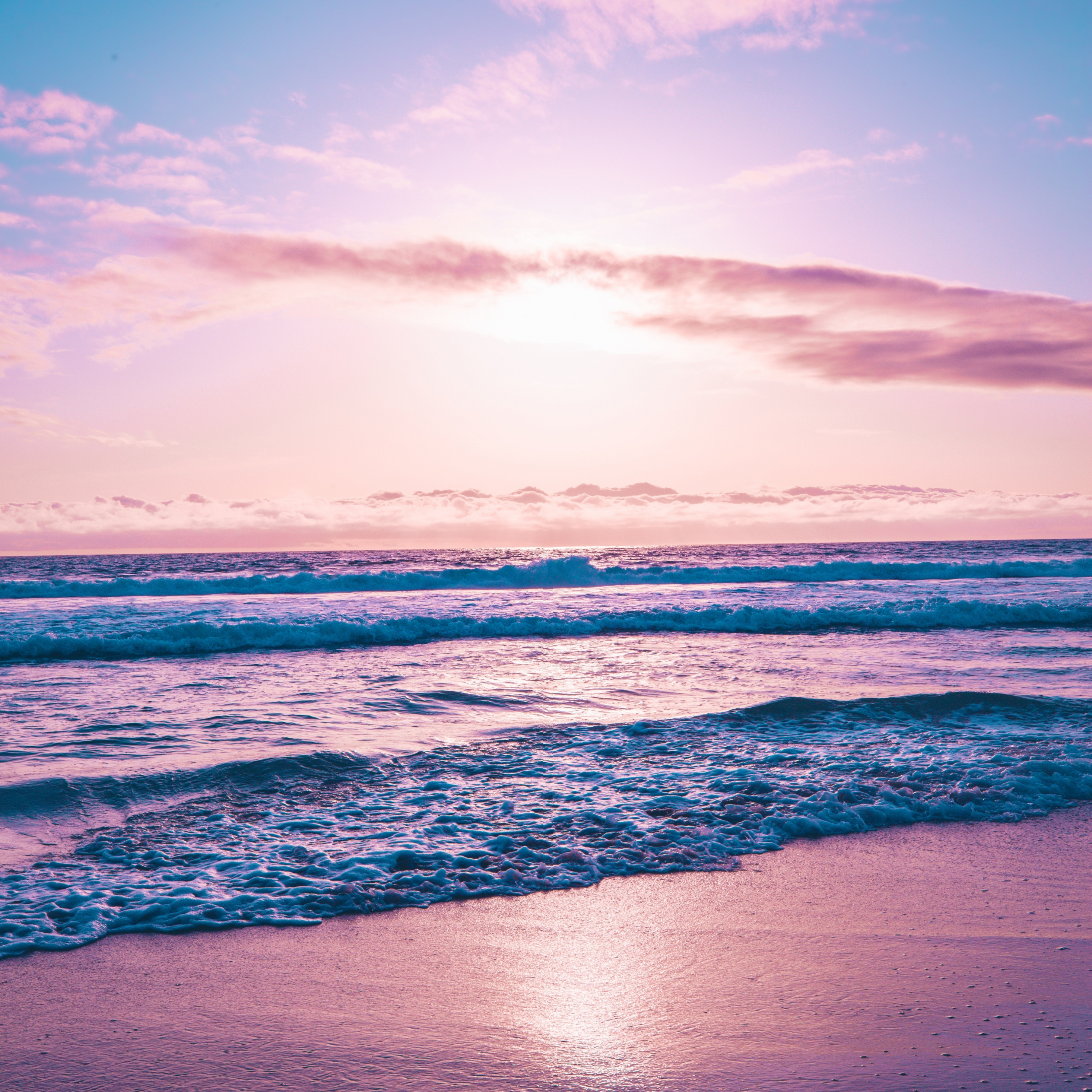 Download 2932x2932 Wallpaper Seashore Sea Waves Sunset Beach