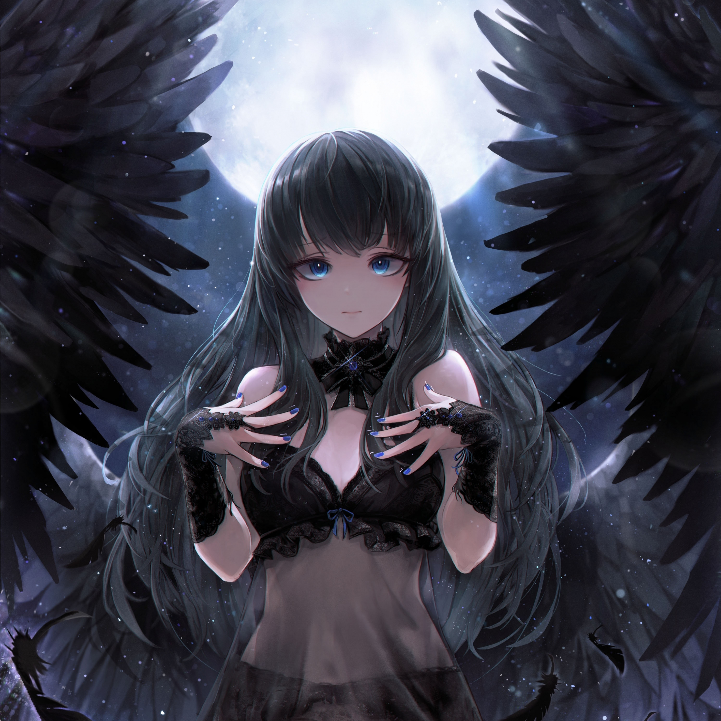 Download 2932x2932 Wallpaper Black Angel Cute Anime Girl Art