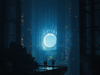 Tall buildings, glowing portal, cyberpunk, 320x240 wallpaper
