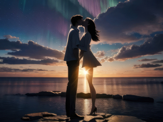 Couple's kiss, at the coast, sunset, art, 320x240 wallpaper