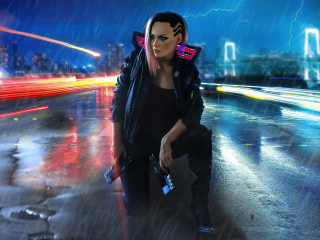 Girl and gun, video game, cyberpunk 2077, 320x240 wallpaper