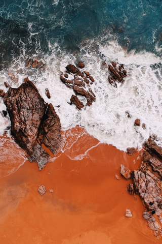 Aerial view, waves, tide, rocks, coast, 240x320 wallpaper