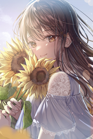 Sunflower and cute girl, anime, 240x320 wallpaper
