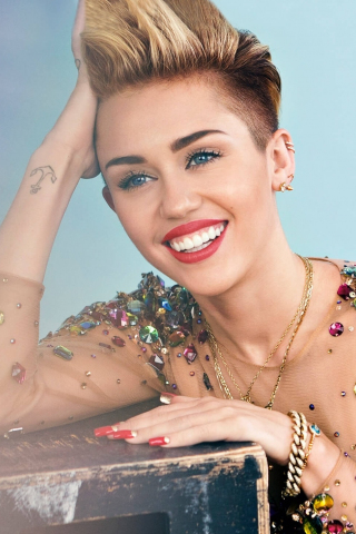 Red lips, smile, Miley Cyrus, 240x320 wallpaper