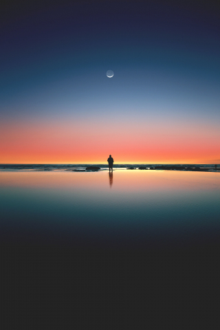 Sunset, beach, sea, horizon, silhouette, moon, 240x320 wallpaper