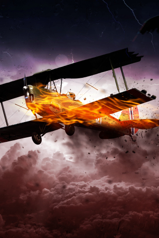 Storm, airplane on fire, digital art, 240x320 wallpaper