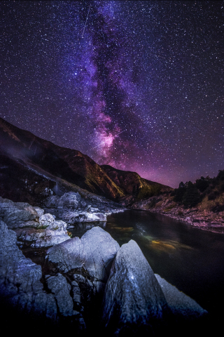 Starry sky, mountains, river, night, 240x320 wallpaper