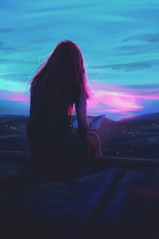 Great place for reading, girl sitting on the fence, sunset, art, 240x320 wallpaper