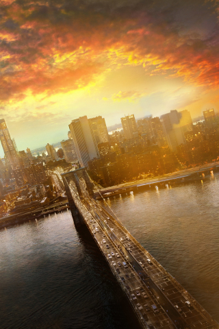 Brooklyn Bridge, cityscape, sunset, New York, 240x320 wallpaper