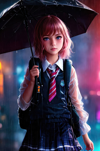 School girl with umbrella, rain, cute and beautiful, 240x320 wallpaper
