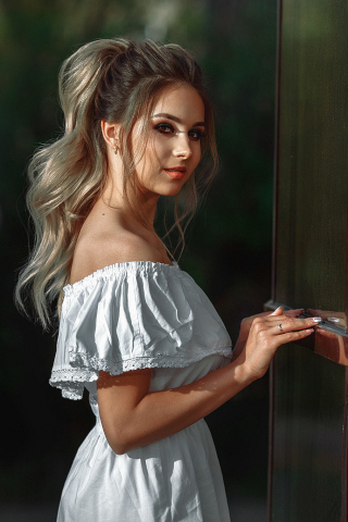 Reflections, beautiful woman, white dress, 240x320 wallpaper