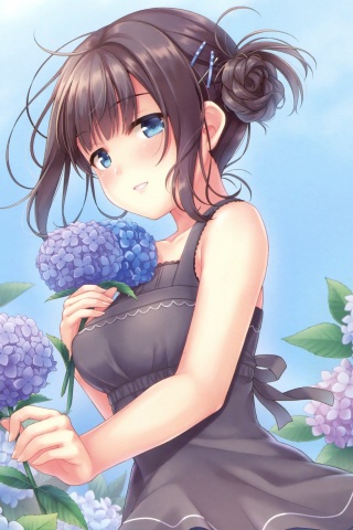 Flowers, blue, cute anime girl, 240x320 wallpaper