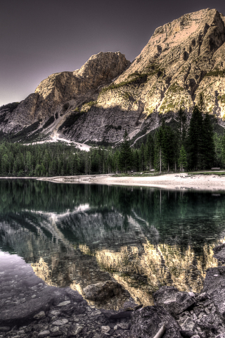 Nature, lake, rocks, forest, mountains, reflections, 240x320 wallpaper