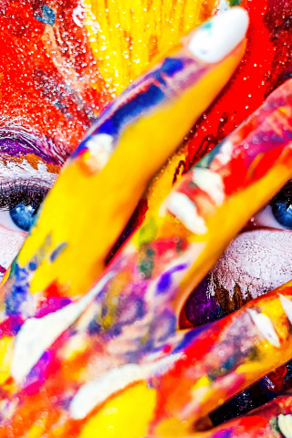 Paint on face and hand, colorful, close up, 240x320 wallpaper