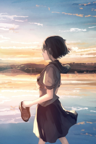 Lake, sunset, cute anime girl, school dress, 240x320 wallpaper