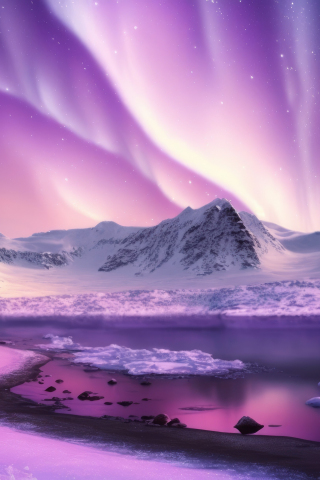 Pink-purple sky, glacier, lake, northern lights, art, 240x320 wallpaper