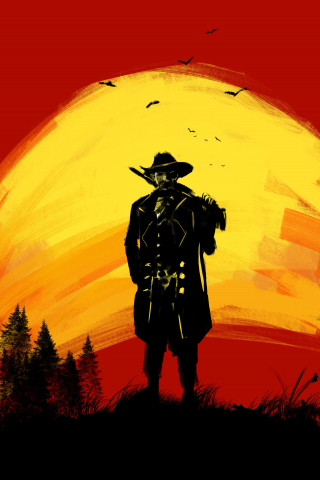Red Dead Redemption 2, cowboy, silhouette, fan art, 240x320 wallpaper
