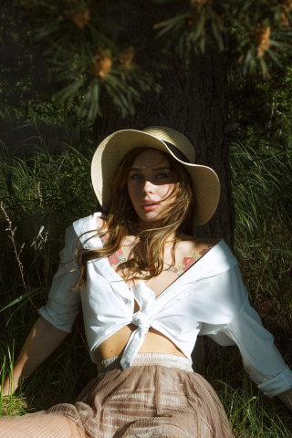 Outdoor, sit, grass, girl model, tattoo, 240x320 wallpaper
