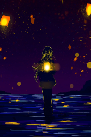 Anime girl, lanterns, silhouette, lonely, night out, 240x320 wallpaper