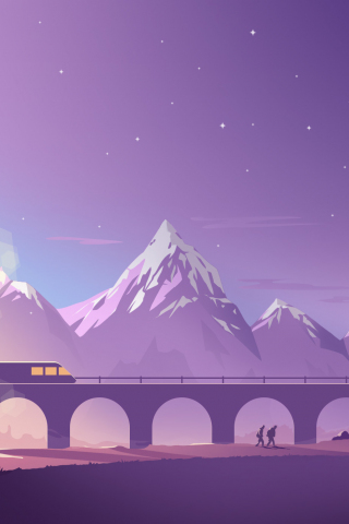Train, bridge, mountains, minimalistic, digital art, 240x320 wallpaper