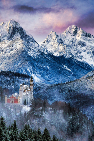 Neuschwanstein Castle, mountains, winter, nature, 240x320 wallpaper