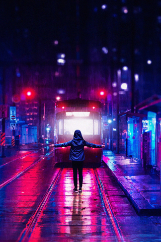 Vaporwave, woman at railroad, night, city, lights art, 240x320 wallpaper