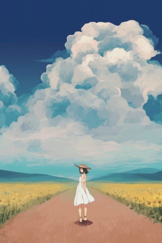 Sunny day, sunflowers, farm, anime girl, original, 240x320 wallpaper