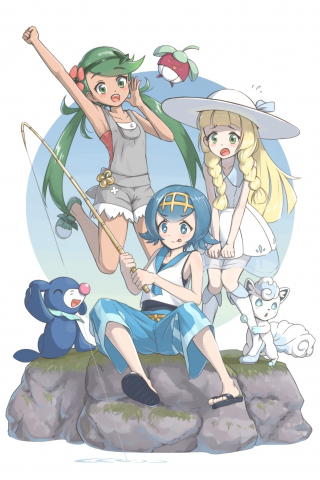 Pokémon, fun, fishing, anime girls, minimal, 240x320 wallpaper