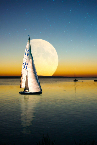 Moon, sailing boat, sea, sunset, 240x320 wallpaper