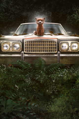 Cute, fox and car, art, 240x320 wallpaper