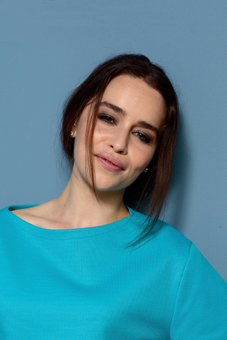 Emilia Clarke, blue dress, smile, 2018, 240x320 wallpaper